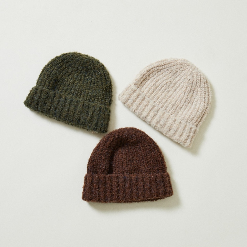Soft Slouchy Boucle Beanie in Cream/Green/Brown